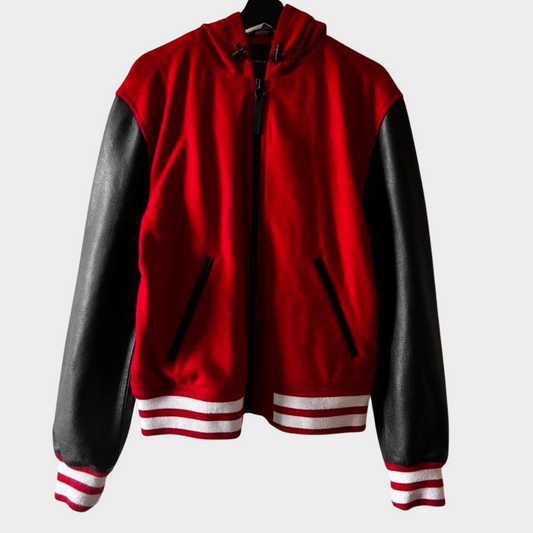 Tommy Hilfiger Goji Berry Hooded Leather Varsity Jacket